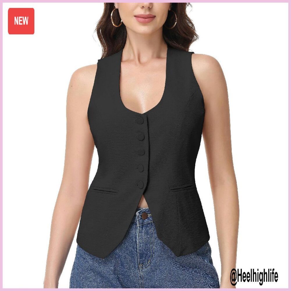 Sleeveless Fitted Waistcoat Blazer Vest Polyester U-Neck Work Casual